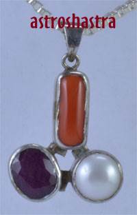 Red Coral, Ruby & Pearl in silver pendant( 5 ratti